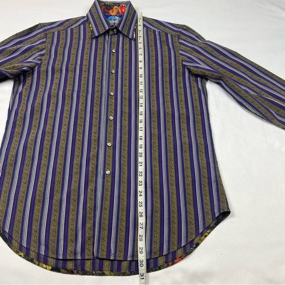 Robert Graham Mens Button Up Shirt Sz Small Flip Cuff Striped Purple C3 - Picture 9 of 9